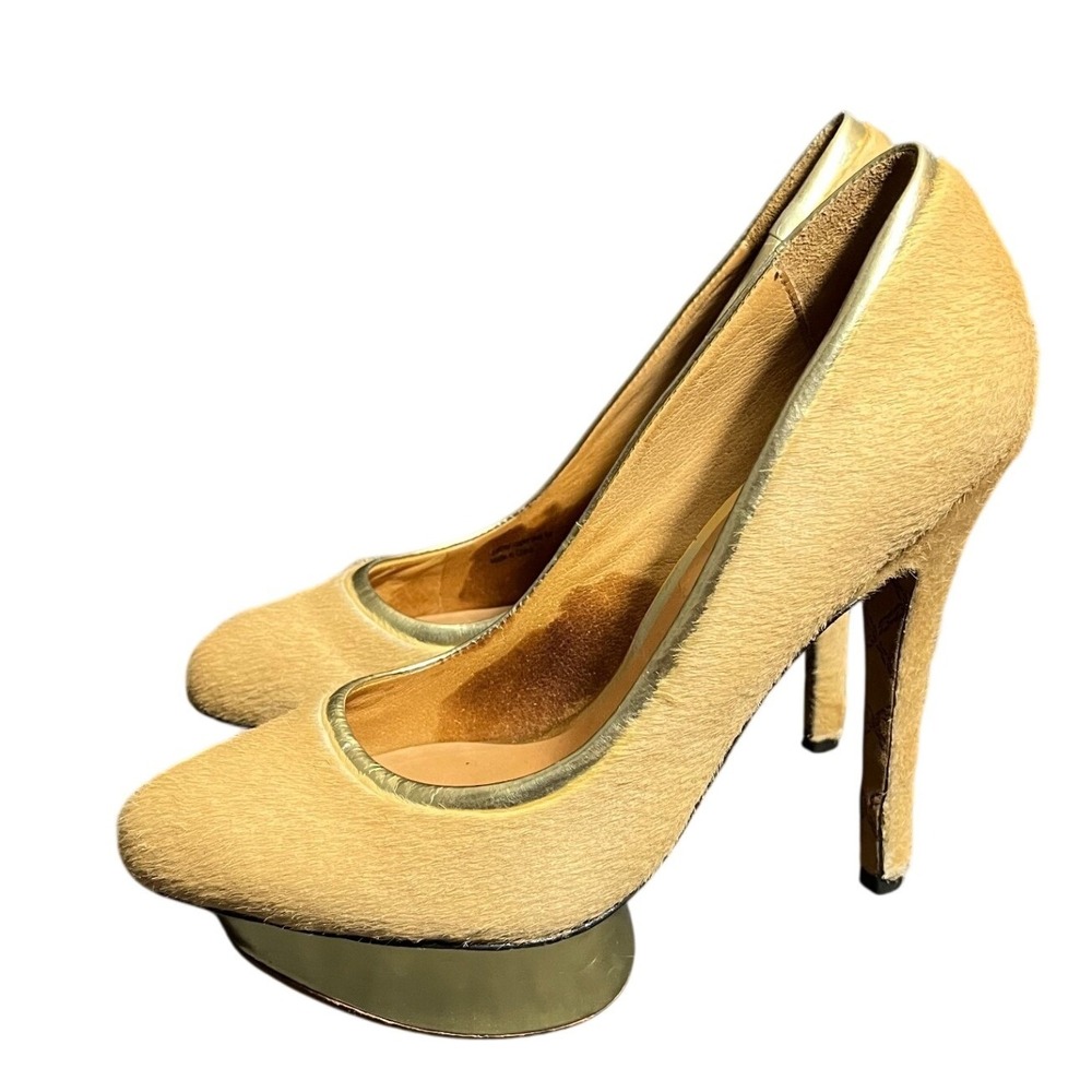 L.A.M.B. BEIGE & GOLD FUR & LEATHER "NIKKO" PLATFORM‎ STILETTO HEELS Size 6.5